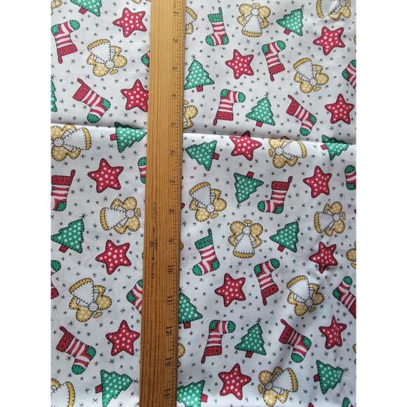 Vintage Christmas Fabric White Angles Stocking Trees Stars 2 Yards - Picture 2 of 2